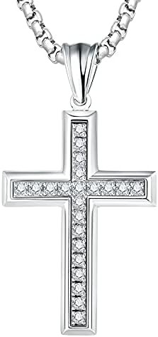 Deerllia Cross Necklace for Men Stainless Steel Crucifix Pendant Silver White Gold Beveled Edge Jesus Christ Plain Simple Women Fine Jewelry Gifts with Zirconia, 24 Inches Rolo Chain