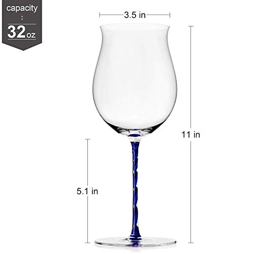 Luxu Wine Glasses(32Oz) With Long Blue Stem & Clear Base,Luxury Crystal Red & White Wine Glasses Set Of 2, Hand Blown,New World Designed Goblet In Premium Box,Perfect Idea For Wine Lovers #TOP7