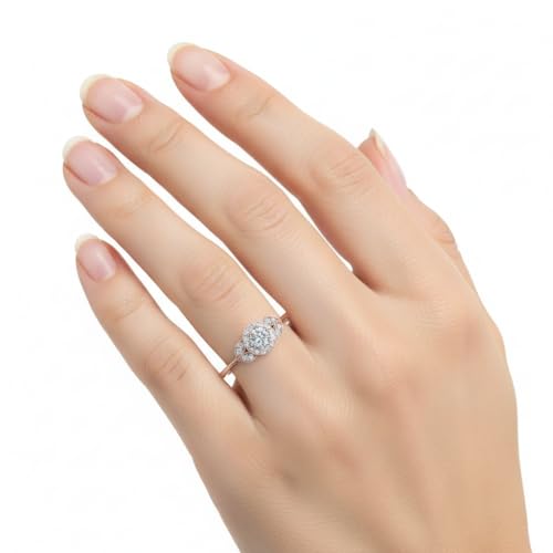 Image of Rose Gold Plated Diamond CZ & Blue Sapphire Petal Halo Engagement Ring for Women, Petite Round Shape Wedding & Everyday Jewelry, Handmade Gift for Wife US Size 4-12