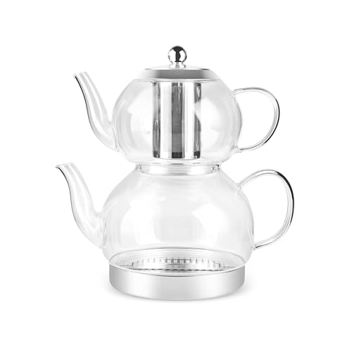 Karaca Pandora Tetera de vidrio de borosilicato para té turco con infusor, tetera (2 L) y tetera con tapa y filtro extraíble (1 L)