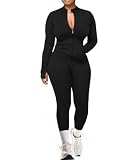 UOUA Two Piece Outfits Women Tracksuit Sets Long Sleeve Zip Up Jacket & Leggings for Gym Workout Set Black XL