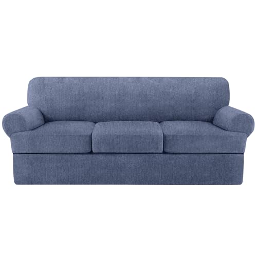 T Cushion Sofa Slipcover 4 Pieces Sofa Covers for T Cushion Couch Soft Sofa Slip Covers Furniture Protector with 3 Individual T Shape Seat Covers (Blue Gray, 3 Cushions)