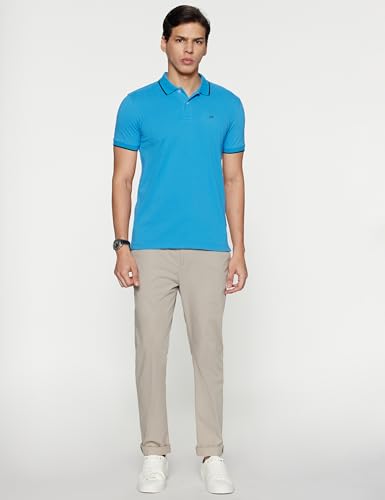 Image of Peter England Men's Snug Fit Solid Polo T-Shirt with Coloured Collar Tipping| Cotton Rich| Premium Pique Weave
