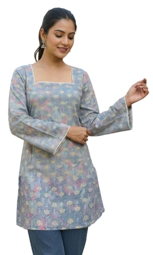 Image of Sun Fashion And Lifestyle Cotton Blend Printed Straight Short Length Kurti for Women | Short Kurti for Women | Ladies Ethnic Tunic | Bell Sleeve Short Kurti | Corset Back Kurti | Short Tunic Top
