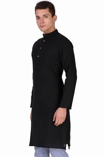 Image of Amazon Brand - Anarva Men's Handloom Cotton Solid Kurta Long Sleeves Straight Knee Length Long Shirt