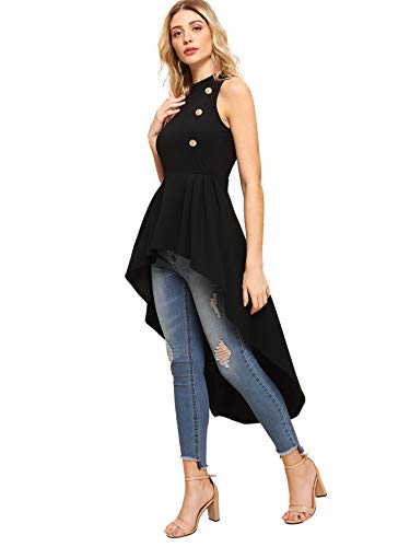 Floerns Women's Double Button Sleeveless Round Neck Asymmetrical Tops Black Xl #TOP2