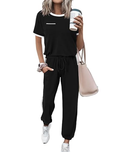 Amkoyam Women's Two Piece Outfits 2025 Summer Short Sleeve Tops With Drawstring Long Pants Tracksuit Jogger Lounge Set