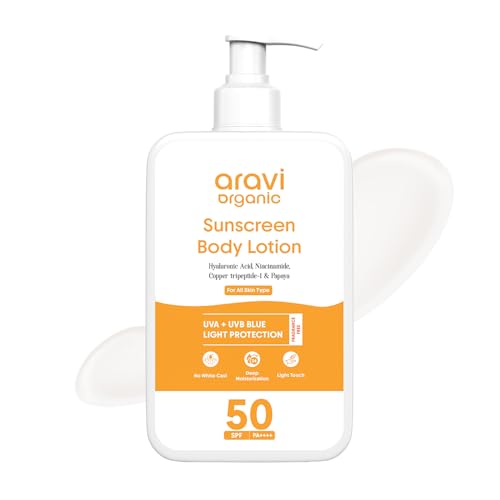 Aravi Organic Oil-Free Sunscreen Body Lotion SPF 50 PA++++ | Lightweight, Quick Absorbing & No White Cast | UVA & UVB Protection | With Niacinamide, Hyaluronic Acid & Copper Tripeptide | 200ml