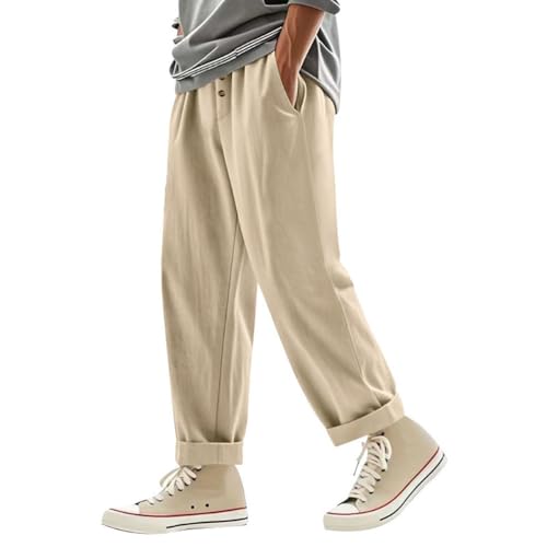Oanviso Homme Pantalon en Lin Vintage Pantalons de Affaires Ample Décontractés Mode Yoga Fitness Pants Large Jambes Doux Eté Mince Pant Couleur Unie B Kaki XL – vue 3