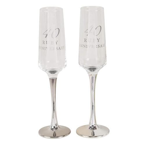 Image of CC Personalised Amore Set of 2 Ruby 40th Wedding Anniversary Straight Champagne Flutes with silver stems - Add Your Own Message (Not Personalised)