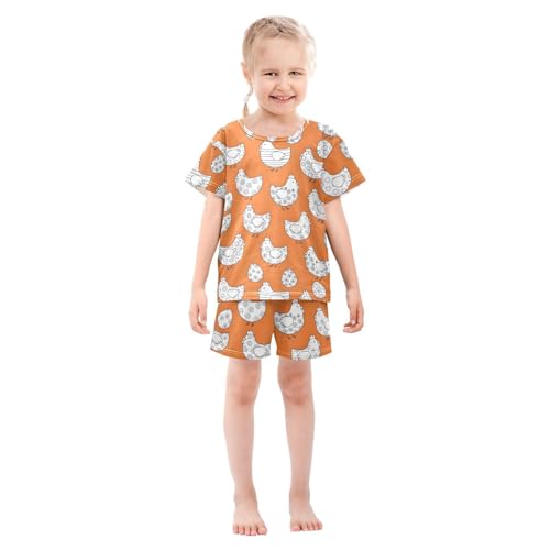 Pajama Short Sets Chicken Eggs Pattern on Orange Soft Cotton Summer Sleepwear 2 Piece PJS Size 5-14T4