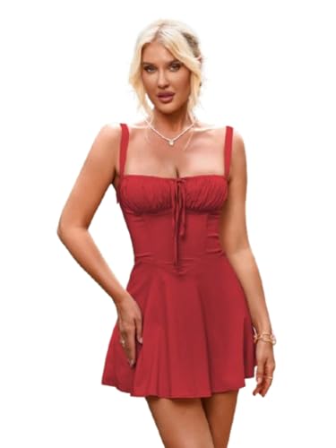 Aahwan Women's Fit & Flare Above the Knee Solid Backless Crisscross Lace Up Ruched Boning Corset Bodycon Dress