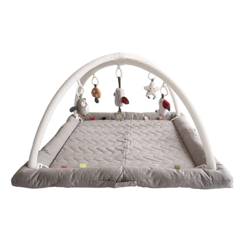 Image of CoocooBaby Play Gym with 5 Sensory Toys, Thick & Plush Playmat for Floor, Tummy Time Mat, Convertible Stage-Based Development from Baby to Toddler (Grey)