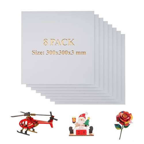 Uadme Contrachapado de Colores 3 mm, 8 Hojas de Contrachapado de Tilo, Planchas de Madera para Corte Laser 30x30 cm, para DIY, Pirograbado Corte por Laser CNC Router Modelado (Blanco)