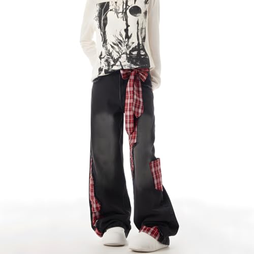 Gothic Y2K Grunge Kawaii Vintage Casual Straight Wide Leg Plaid Ribbon Applique Decor Denim Pants for Women2