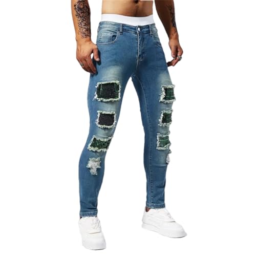 Men High Street Motorcycle Casual Tight Stretch Denim Trousers Personalized Ripped Slim Fit Jeans