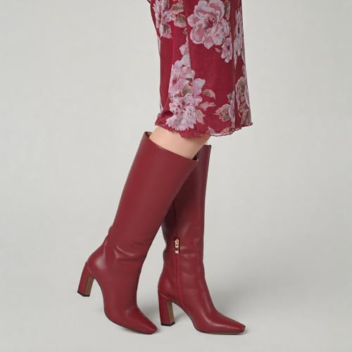 Image of Lovee Cosee Knee High Boots for Women Square Toe Chunky Heeled Boots with Side Zipper Fashion Dress Elastic Tall Boots