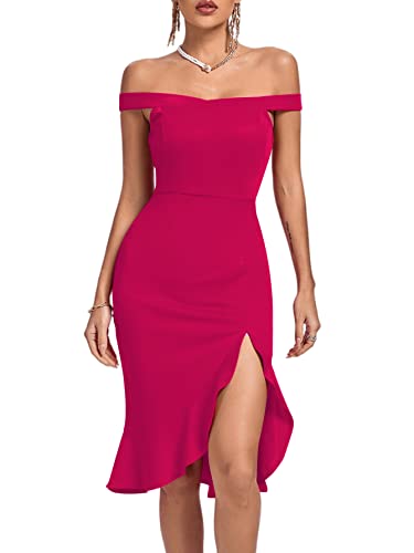 Lyaner Women's Off Shoulder Ruffle Split Hem Bodycon Party Club Midi Dress Rose Small #TOP3