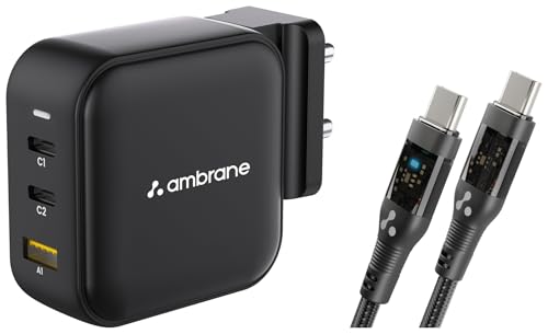Ambrane 65W Charger Adapter, 3 Ports - 2 Type C & 1 USB for Samsu...