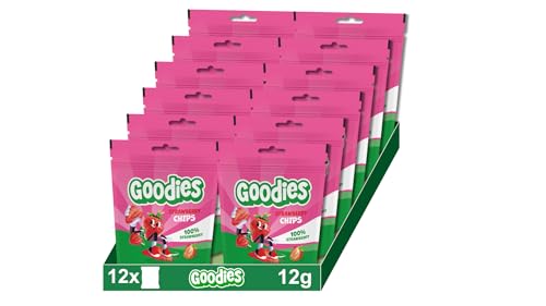 Goodies, Snack para Niños, Chips de Fresa, 100% fresas, sin azúcares añadidos, fuente natural de fibra, Pack de 12x12gr