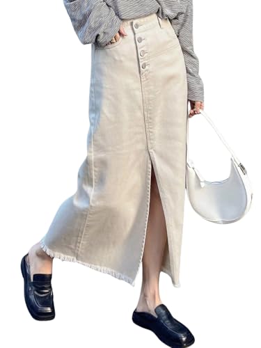 Image of GRECIILOOKS Women's High Waist White Denim Skirt with Front Slit - Long Maxi Jean Skirt Casual Fashion - Stylish Denim Skirts for Women