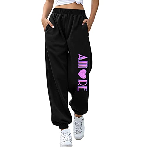HHoo88 Women s Joggers Sweatpants Casual Print High Waisted Joggers Lightweight Sweatpants Workout Running Lounge Sport Pants Pink