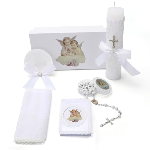 Baptism Candle Set for Boys and Girls,5 PCS Baptism Kit Catholic Candle,Baptismal Towel,Shell,Rosary,Bible for Baby Dedication Christening Gift,Velas para Primera Comunión De Niño Bautizo De Niña