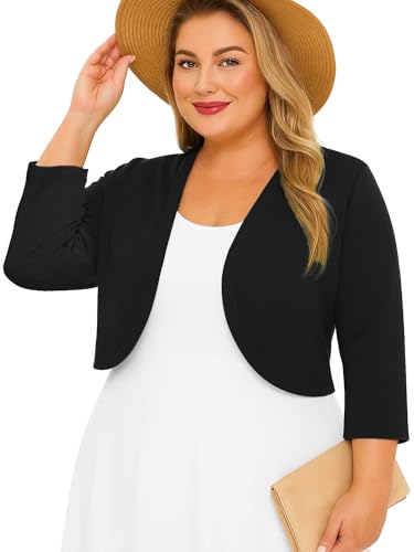 AusLook Plus Size Women Bolero Shrugs 3-4 Sleeve Black 3X Open Front Knit Lightweight Coat Cropped Tops Shawls and Wraps Cardigan Dressy Sweater Clothes