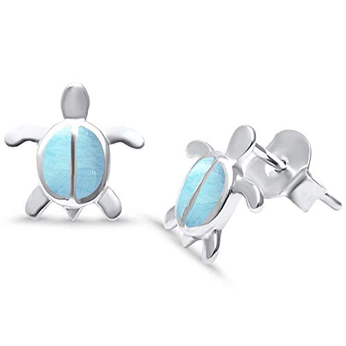 Natural Larimar Cute Turtle Stud Earrings Sterling Silver