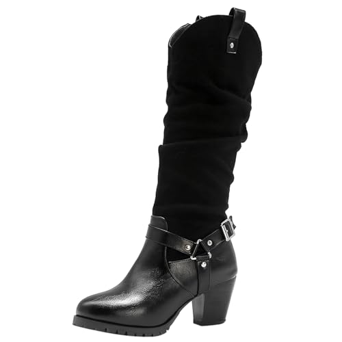 Joliss Donna Tacco Medio Stivali con Imbracatura Punta Rotonda Senza Chiusura Stivali a Metà Polpaccio Retrò Tacco a Blocco Stivali Morbidi Nero Numero 36 EU