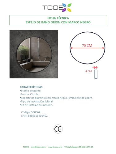 Miroir mural rond noir Orion 70 cm de qualité supérieure