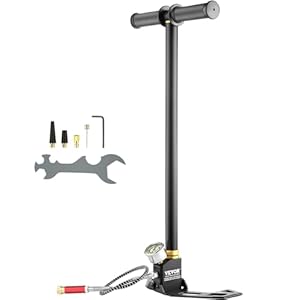 VEVOR Voetpomp 0-4500 psi, pneumatische pomp 3-traps ontwerp, pneumatische pomp voor banden met hoge druk, bandenpomp voor fiets, luchtgeweer met nauwkeurige manometer, opvouwbaar pedaal, zwart