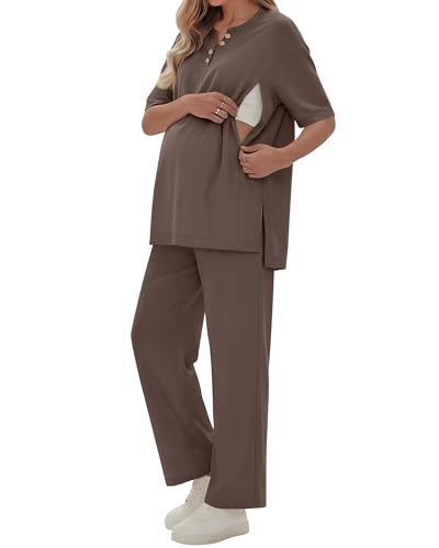 Yearntown 2 Piece Maternity Nursing Set Postpartum Breastfeeding Short Sleeve Zipper Shirts Wide Leg Pants Pregnancy Clothes(Large Coffee)