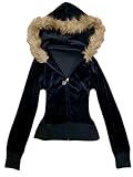 TYATVS Fur Zip Up Hoodie Y2k 2000s Hood Jacket Fluffy Coat Emo Grunge Alt Clothes Gyaru Fashion Streetwear (B-black,Small)