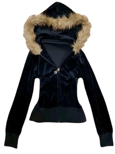 TYATVS Fur Zip Up Hoodie Y2k 2000s Hood Jacket Fluffy Coat Emo Grunge Alt Clothes Gyaru Fashion Streetwear (B-black,Small)