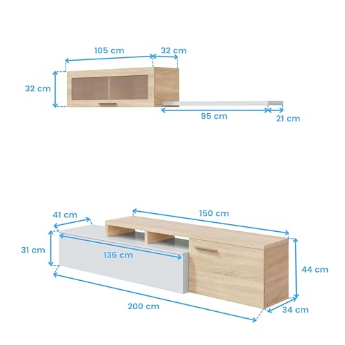 Habitdesign Mueble de Salon, Comedor, Mueble Moderno, Acabado en Color Blanco Brillo y Roble Canadian, Medidas: 200 cm (Ancho) x 43 cm (Alto) x 34 cm (Fondo) - imagen 8