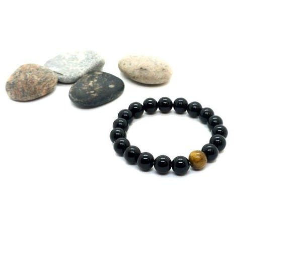 Bracelet agate noire et œil de tigre 8mm en pierres naturelles haut de gamme