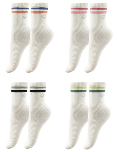 Image of Womens Solid Color Two Stripe Crew Socks Casual Athletic Smiling Face Ankle Socks for women Girls