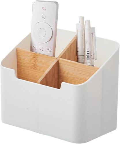 Image of MosQuick Remote stand for home mobile holder phone organiser desk organizer controller stand Remote Control Organizer TV Remote Holder desk accessories with 4 Compartments Desktop Storage Box White