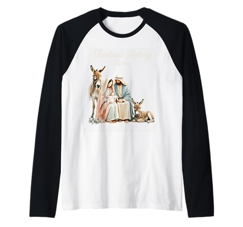 Colorido Belén de Navidad Nacimiento de Cristo Camiseta Manga Raglan