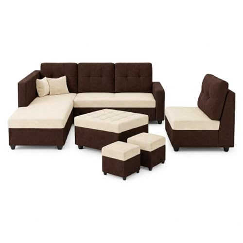 Image of FURNY Nathan 8 Seater L Shape Sofa Set LHS (Dark Brown-Cream) | Suede Velvet Finish | Durable Comfort Sofa for Modern Living Room & Office Spaces