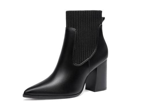 Image of Coutgo Women Ankle Boots Sock Booties Pointed Toe Chunky Stacked High Heel Knit Chelsea Winter Dress Booties