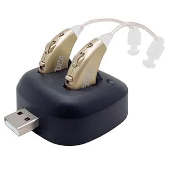 Digital Hearing Amplifiers - Rechargeable BTE Personal Sound Amplifier Pair with USB Dock - Premium Gold Behind The Ear Sound Amplification by NewEar