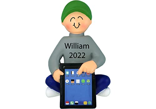 Personalized Gamer Boy with Tablet Christmas Ornaments Gift 2021- Kid Custom Figurine (Male) Son Grandkid Grand-Son Addict Lover I-Pad w/Name - Polyresin, Handmade & Free Customization
