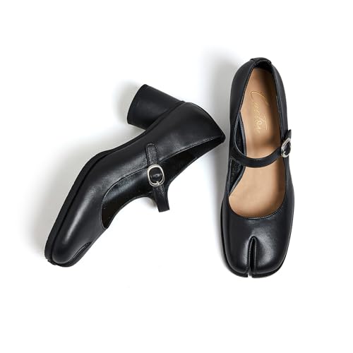 Cuctos Women Chunky Block High Heels Mary Janes Shoes Split Toe Tabi Shoes Ankle Strap Dress Pumps Shoes Black