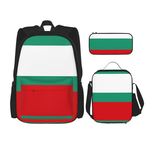 Bulgarian Flag Print 3 Piece Backpack Set, Laptop Daypack, Lightweight Bookbag Set With Lunch Bag Pencil Case