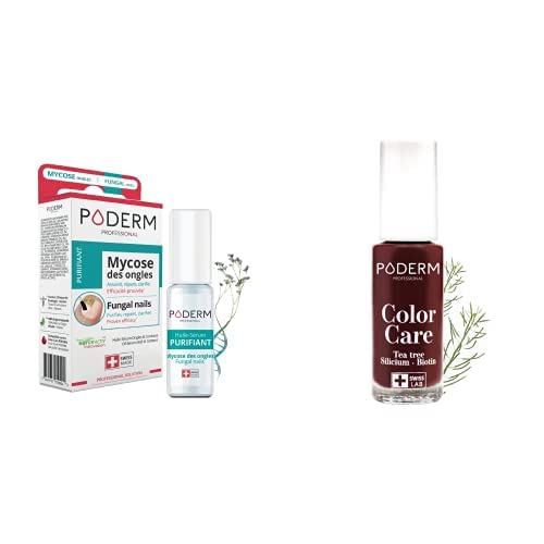PODERM - 2 PRODUCTOS | MICOSIS DE LA UÑA TRATAMIENTO 2en1 | Esmalte de uñas Rojo Negro | BIO | TRATA Y DA COLOR | Tratamiento profesional Pies/Manos | Fácil y rápido | Fabricado en Suiza