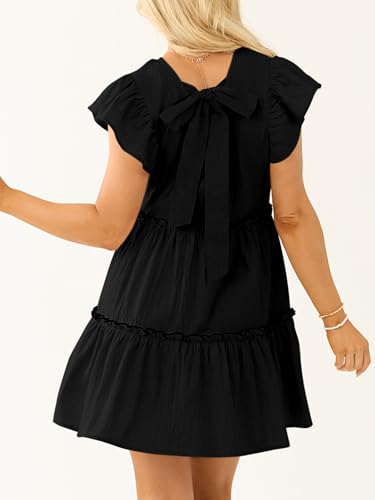 Women’s Summer Babydoll Mini Dress V Neck Tie Back Ruffle Sleeve Casual Tiered Loose Flowy Swing Tunic Shift Dress3