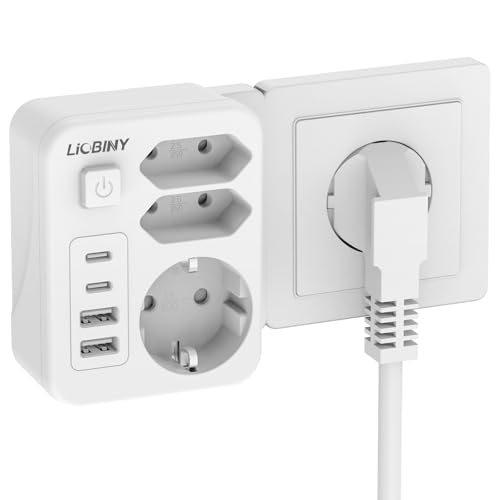 Doppelstecker für Steckdose mit 4 USB, 7 in 1 Steckdosenleiste 3 Fach Mehrfachsteckdose mit Schalter 3680W 16A Steckdosenadapter, Mehrfachstecker USB C Steckdosenverteiler für Büro Hause, Weiß 1