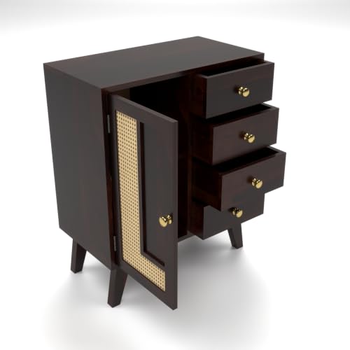 Image of Solid Sheesham Wood Chest of Drawers with Cane Panel | Wooden Storage Cabinet with 4 Drawers & 1 Door